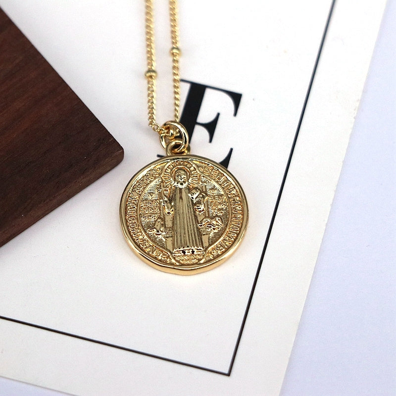 Vintage Round Copper Pendant Necklace with Virgin Mary Design in Gold and Silver