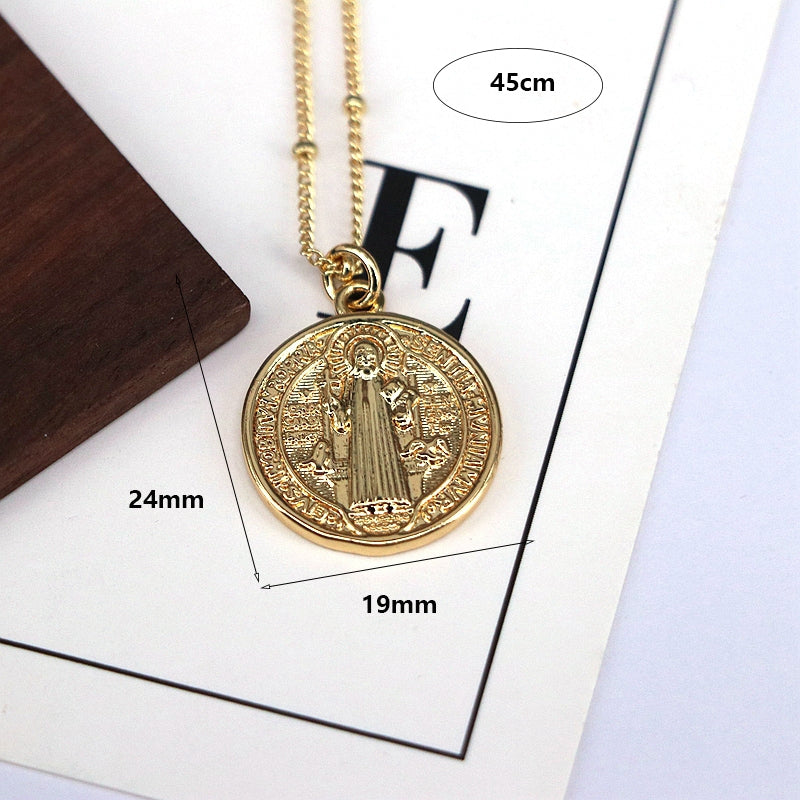 Vintage Round Copper Pendant Necklace with Virgin Mary Design in Gold and Silver