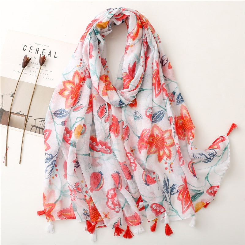 Red Petals Dragon Fruit Cotton Linen Tassel Scarf Shawl