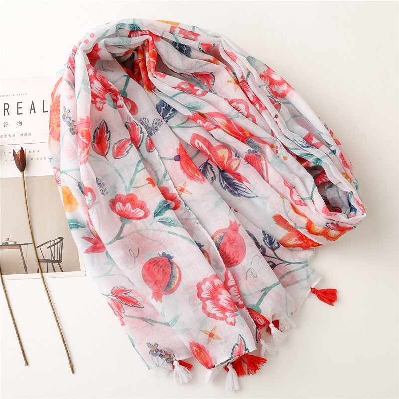 Red Petals Dragon Fruit Cotton Linen Tassel Scarf Shawl