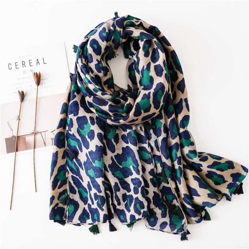 Classic Blue Leopard Cotton Linen Scarf Shawl for Women