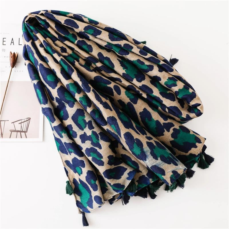 Classic Blue Leopard Cotton Linen Scarf Shawl for Women