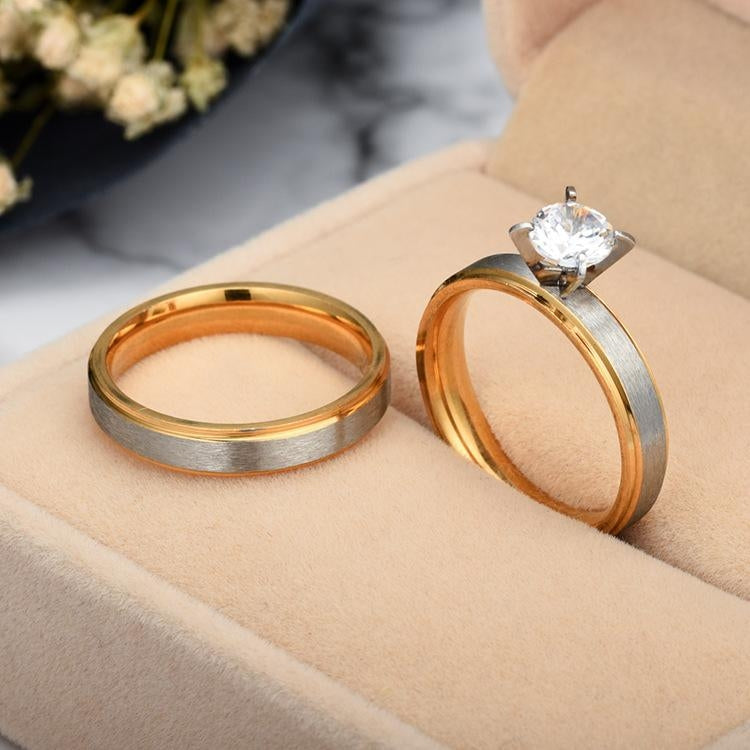 Couple Rhinestone Stainless Steel Matte Gold Zircon Rings