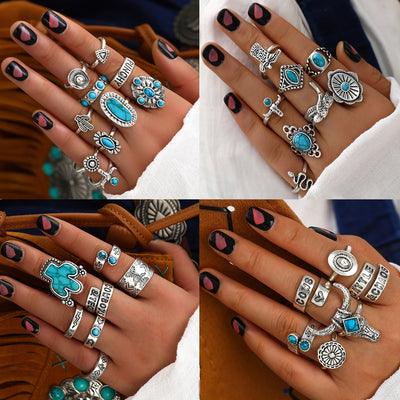 Cowboy Cactus Turquoise Alloy Women's Ring Set