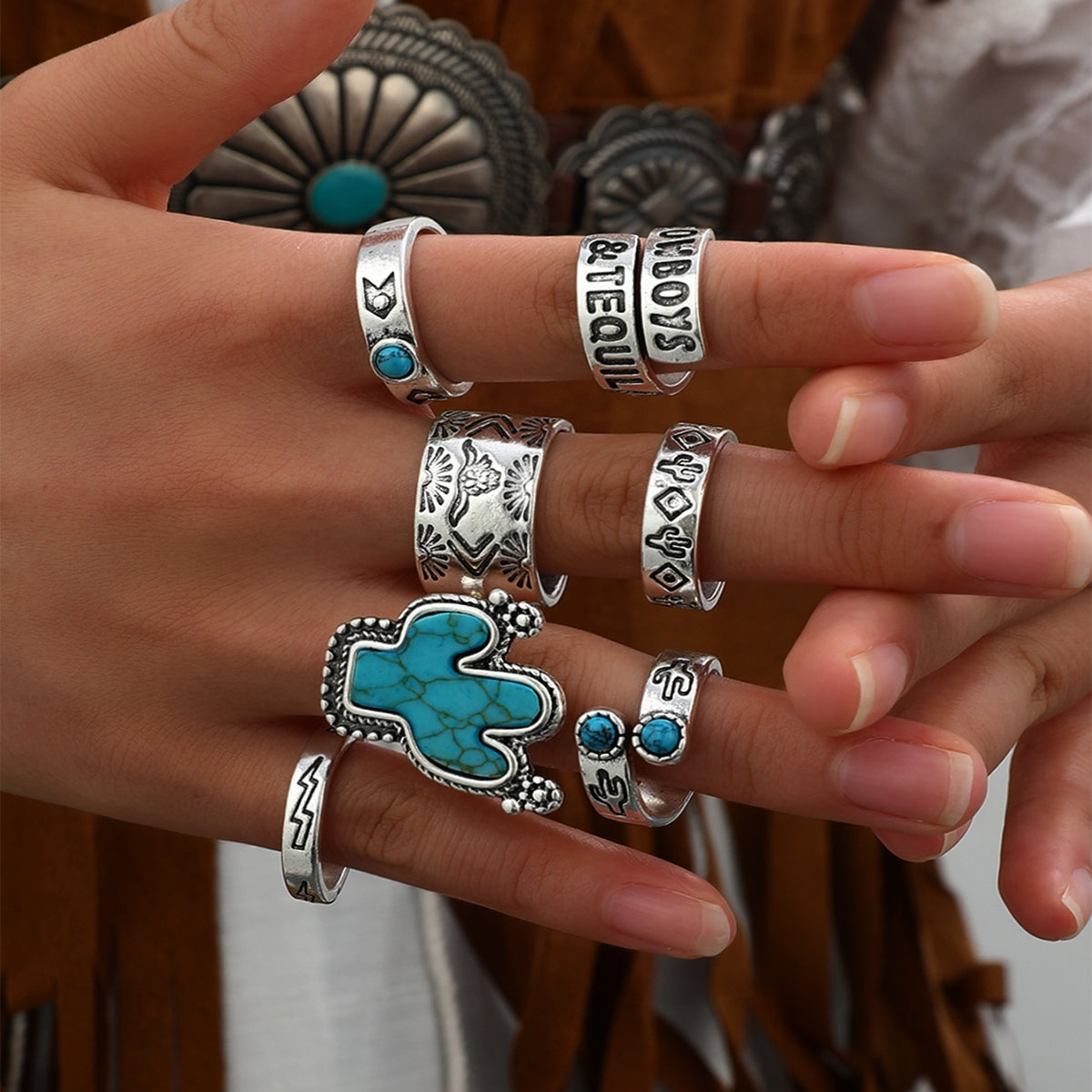 Cowboy Cactus Turquoise Alloy Women's Ring Set