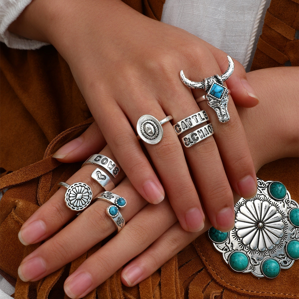 Cowboy Cactus Turquoise Alloy Women's Ring Set