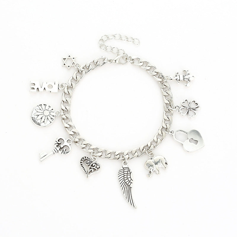 Creative Alloy Retro Ethnic Style Ladies Bracelet with Wings, Key, Love Letter, and Elephant Charms