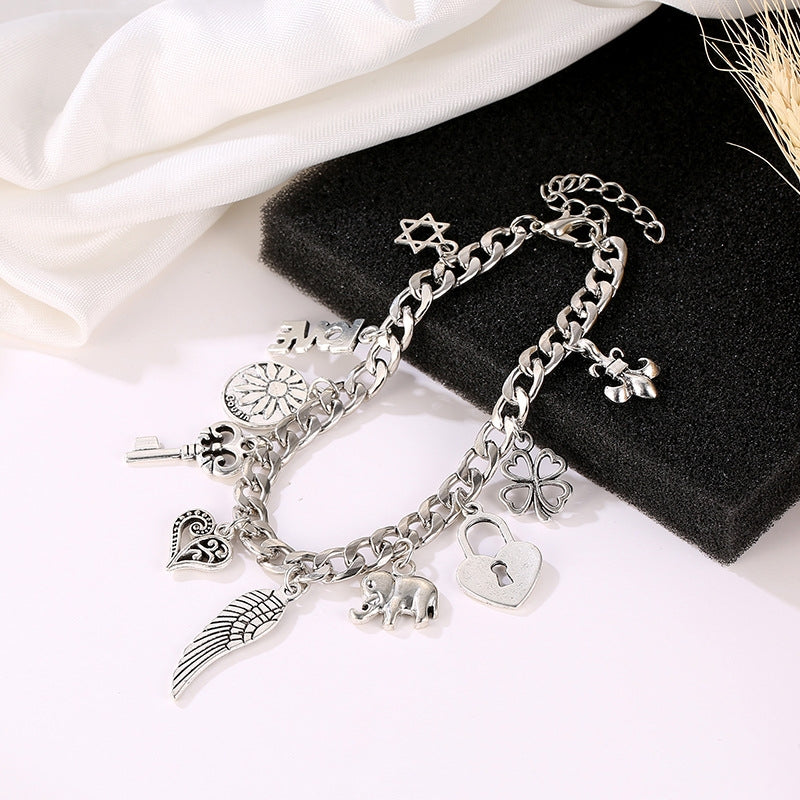 Creative Alloy Retro Ethnic Style Ladies Bracelet with Wings, Key, Love Letter, and Elephant Charms