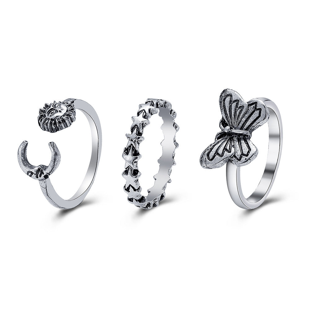 Creative Retro Sun and Butterfly 3-Piece Open Ring Set