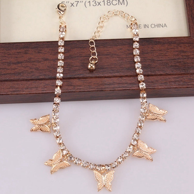 Creative Rhinestone Butterfly Tassel Anklet Fashion Beach Jewelry