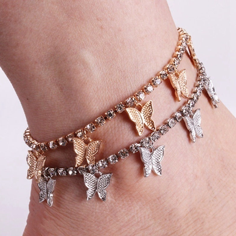 Creative Rhinestone Butterfly Tassel Anklet Fashion Beach Jewelry