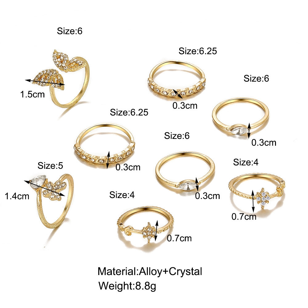 Creative Micro-inlaid Diamond Butterfly and Flower Knuckle Ring Set - 8 Pieces