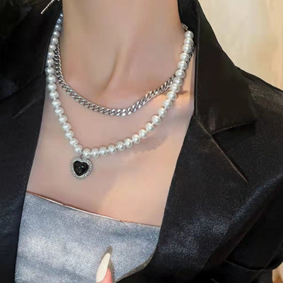 Creative Multi-layer Black Heart Pearl Chain Alloy Necklace