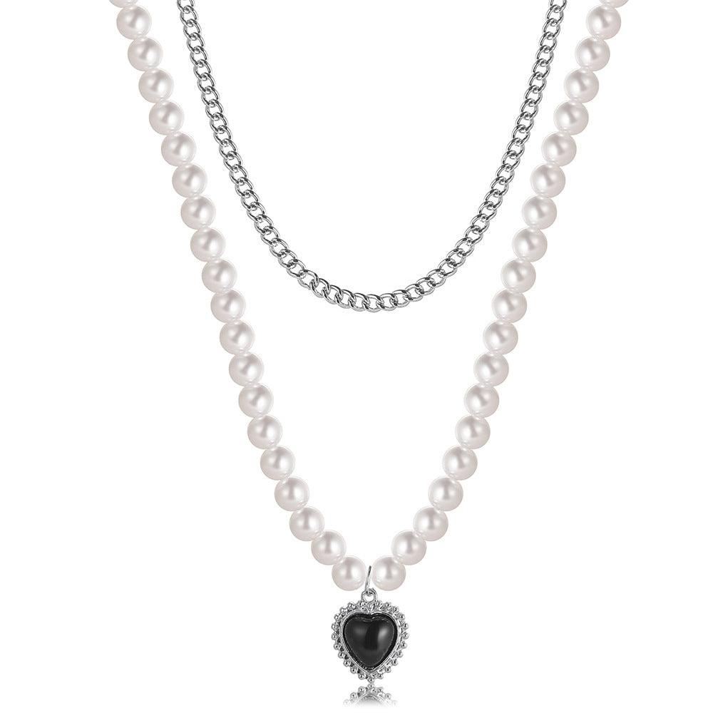 Creative Simple Multi-layer Black Heart Double-layer Pearl Chain Alloy Necklace