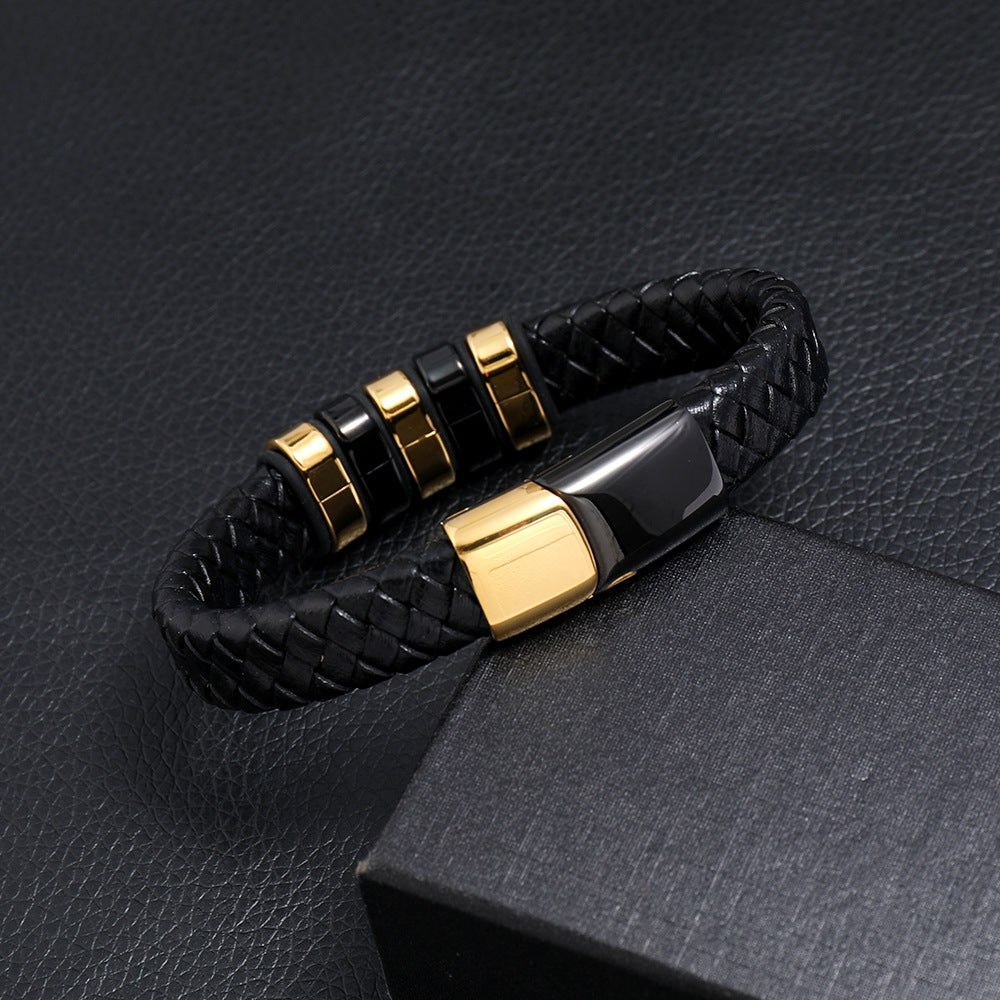 Creative Two-Color Stainless Steel Magnetic Buckle Men's Leather Bracelet