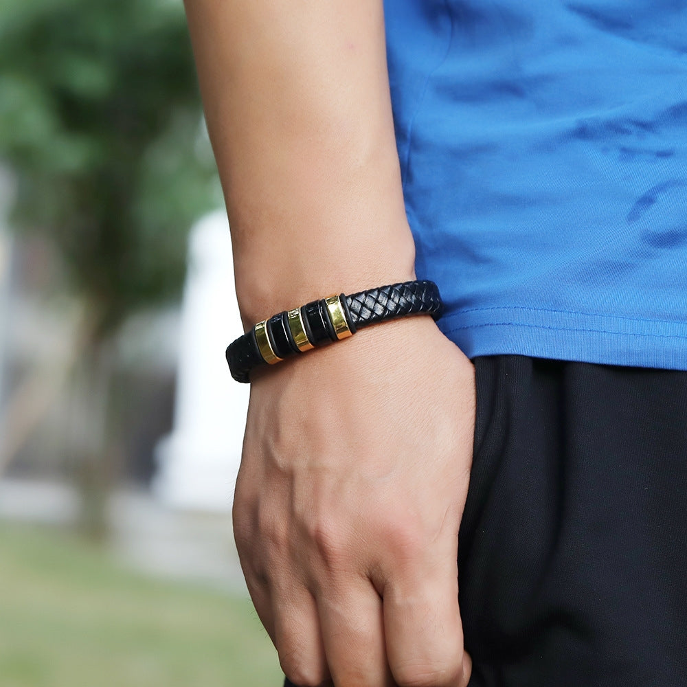 Creative Two-Color Stainless Steel Magnetic Buckle Men's Leather Bracelet