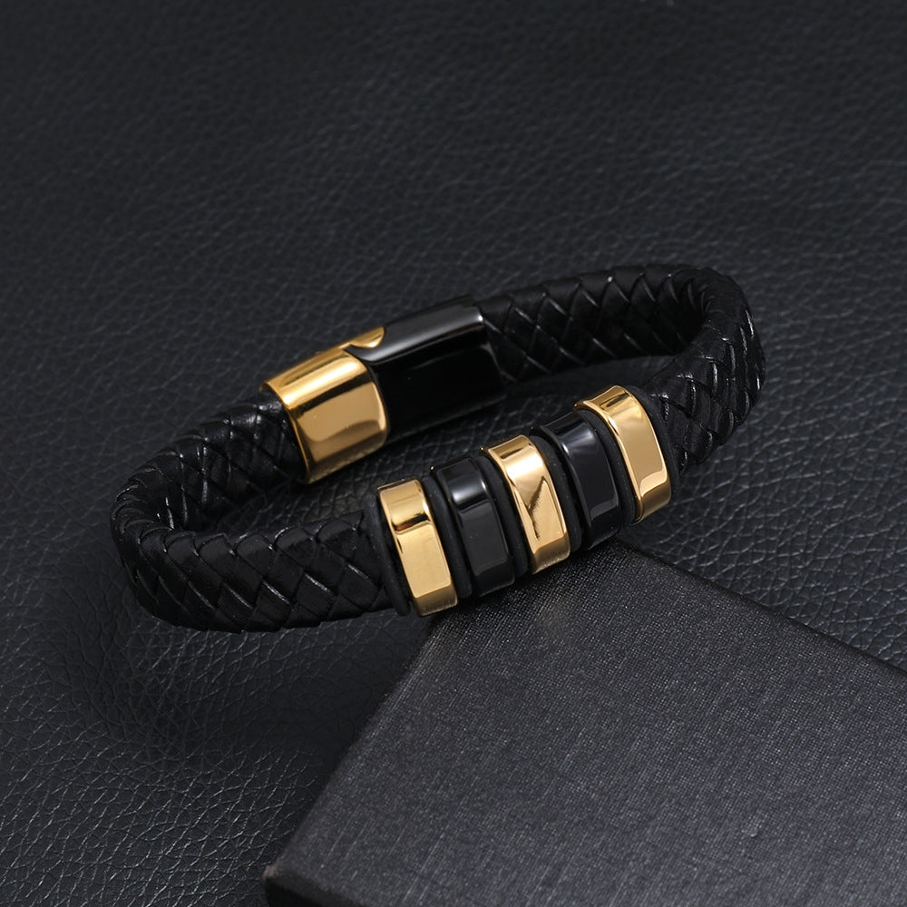 Creative Two-Color Stainless Steel Magnetic Buckle Men's Leather Bracelet