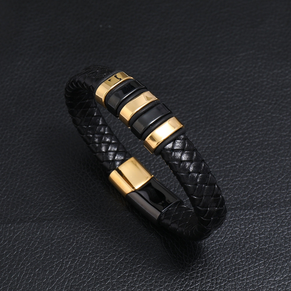 Creative Two-Color Stainless Steel Magnetic Buckle Men's Leather Bracelet