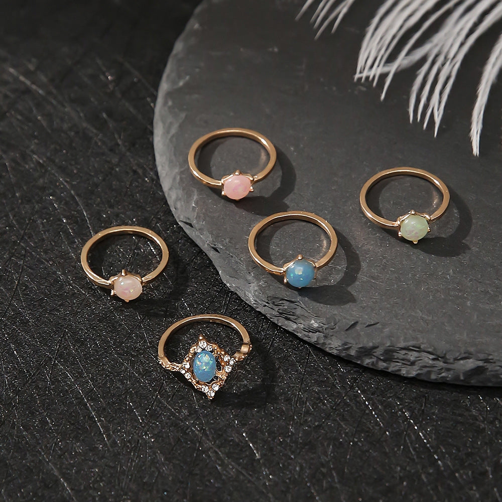 New Fashion Candy Color Amber-Inspired 5-Piece Ring Set