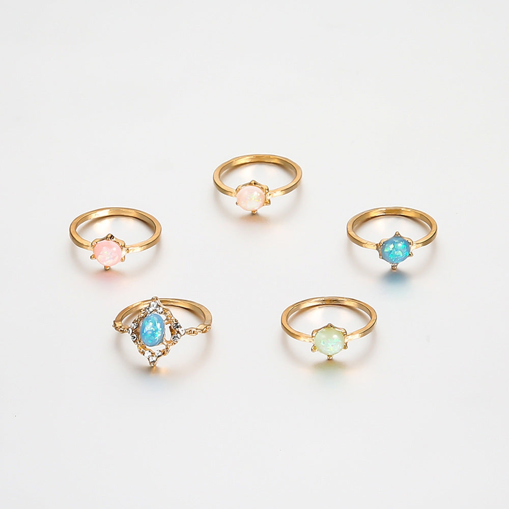 New Fashion Candy Color Amber-Inspired 5-Piece Ring Set