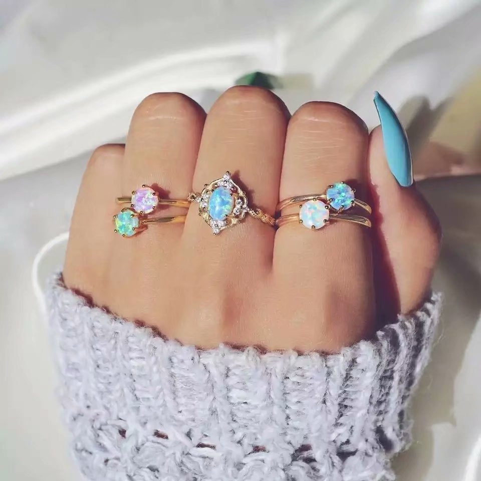 New Fashion Candy Color Amber-Inspired 5-Piece Ring Set