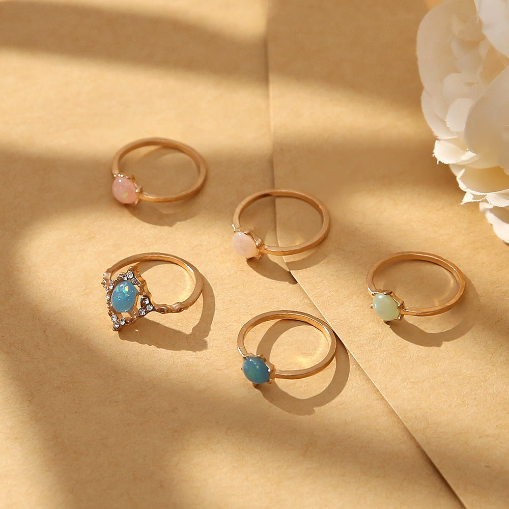New Fashion Candy Color Amber-Inspired 5-Piece Ring Set