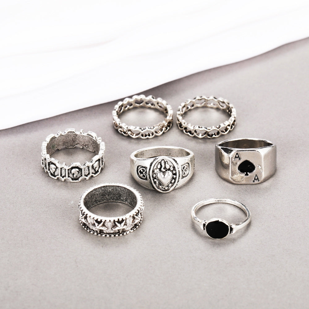 Retro Spades Playing Card Ring Set - Creative Personality Joint Rings, 7-Piece Collection