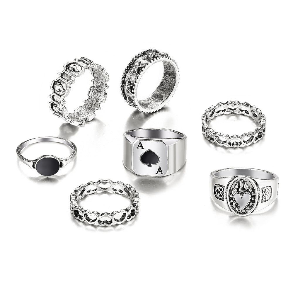 Retro Spades Playing Card Ring Set - Creative Personality Joint Rings, 7-Piece Collection