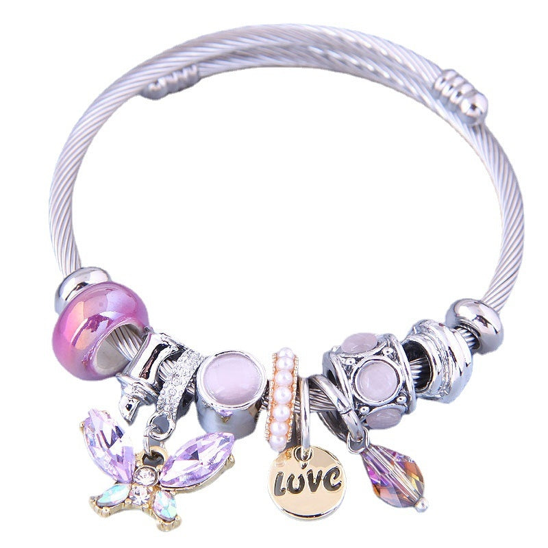 Cute Animal Opal Inlay Stainless Steel Adjustable Cuff Bracelet with Crystal Butterfly Tassel Beads