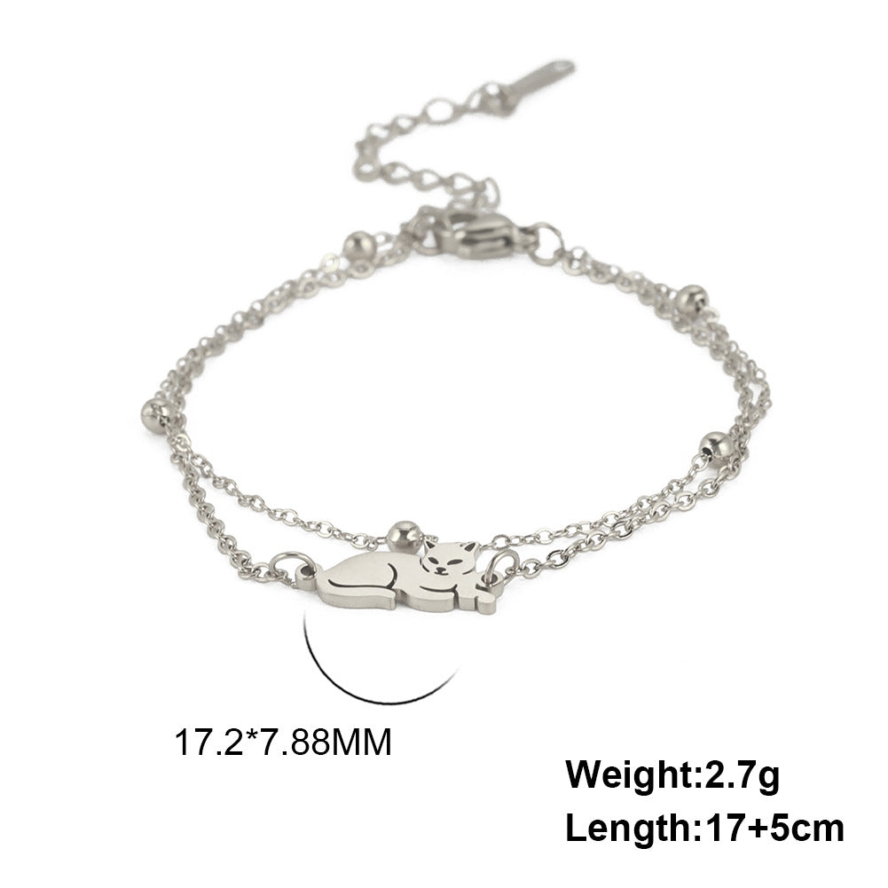 Cute Animal Double Layer Stainless Steel Cat Pendant Bracelet for Women