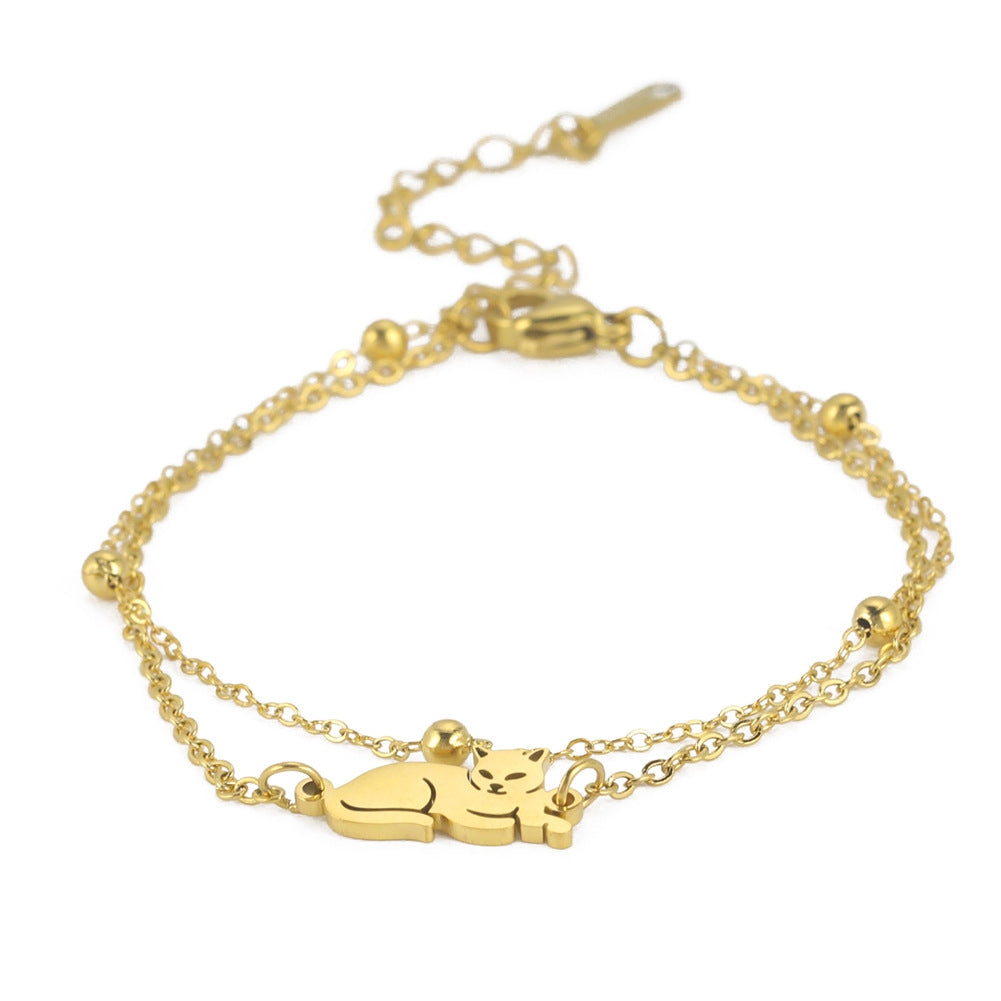 Cute Animal Double Layer Stainless Steel Cat Pendant Bracelet for Women