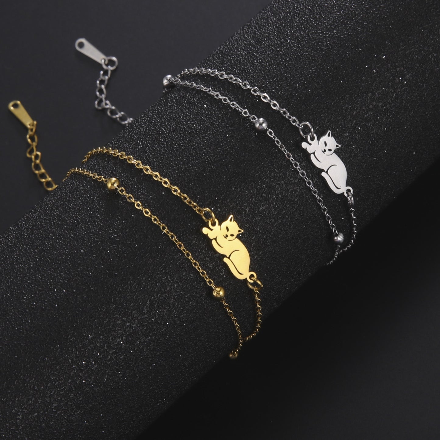 Cute Animal Double Layer Stainless Steel Cat Pendant Bracelet for Women