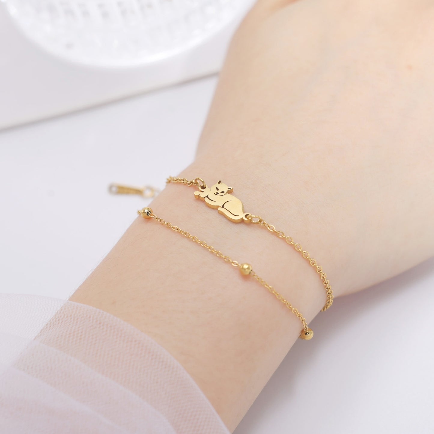 Cute Animal Double Layer Stainless Steel Cat Pendant Bracelet for Women