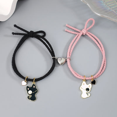 Cute Animal Magnetic Heart Couple Bracelets - Stainless Steel & Adjustable Rope Design