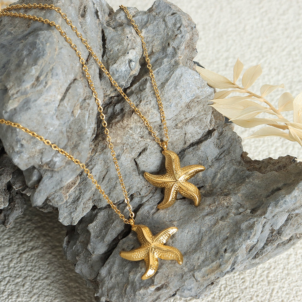 18k Gold Plated Starfish Pendant Necklace - Minimalist Titanium Steel Design