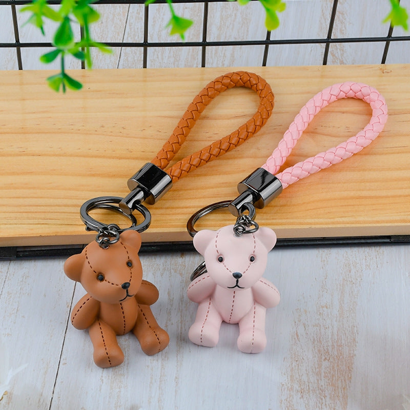 Cute Bear Resin Keychain Pendant - Cartoon Woven Strap Teddy Bear Car Charm