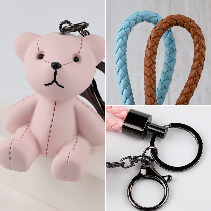 Cute Bear Resin Keychain Pendant - Cartoon Woven Strap Teddy Bear Car Charm