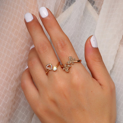 Cute Heart Shape Butterfly Alloy Inlay Diamond Open Ring Set