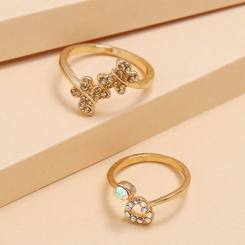 Cute Heart Shape Butterfly Alloy Inlay Diamond Open Ring Set