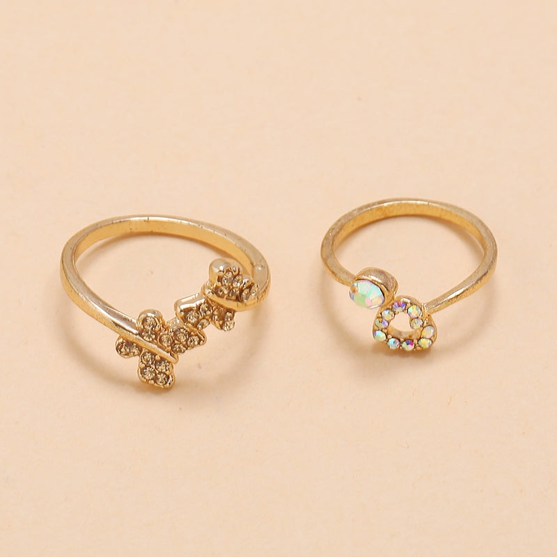 Cute Heart Shape Butterfly Alloy Inlay Diamond Open Ring Set