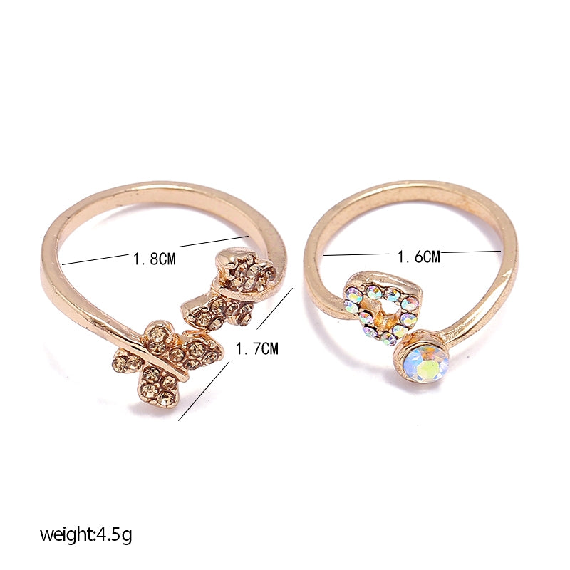 Cute Heart Shape Butterfly Alloy Inlay Diamond Open Ring Set