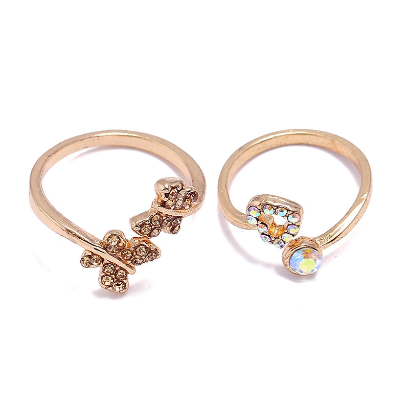 Cute Heart Shape Butterfly Alloy Inlay Diamond Open Ring Set