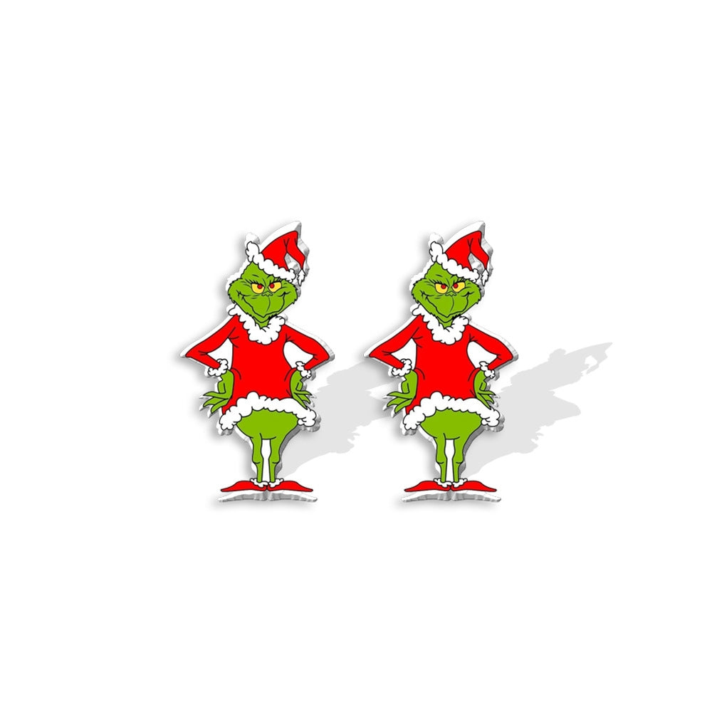 Cute Cartoon Christmas Tree Acrylic Earrings - Grinch Festive Studs for Women