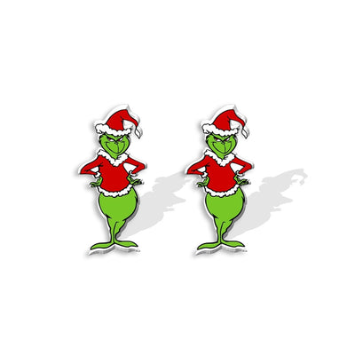 Cute Cartoon Christmas Tree Acrylic Earrings - Grinch Festive Studs for Women