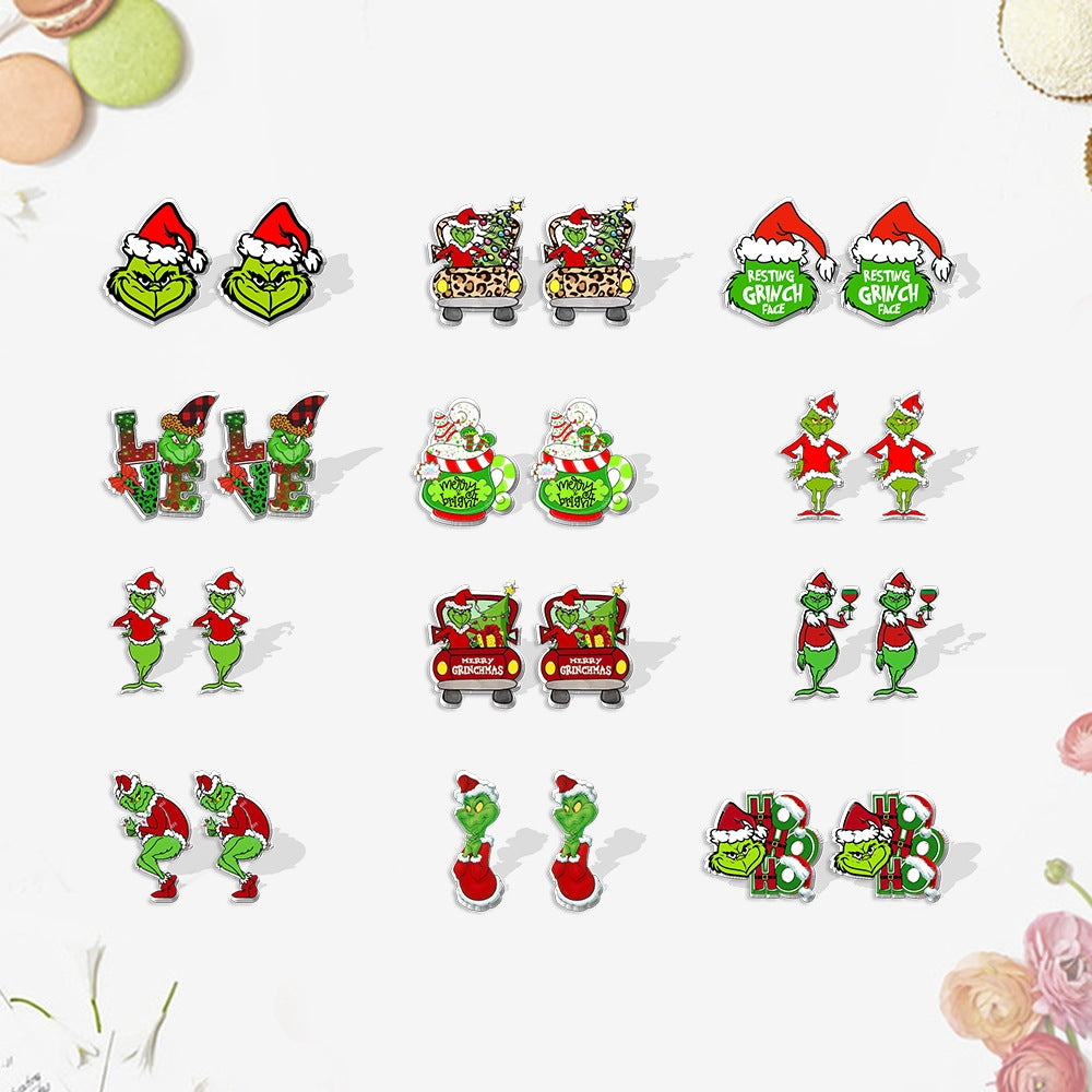 Cute Cartoon Christmas Tree Acrylic Earrings - Grinch Festive Studs for Women