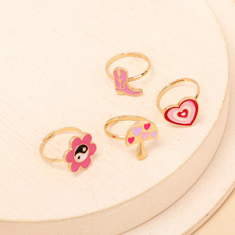 Cute Cartoon Enamel Ring Set with Flower and Mushroom Design