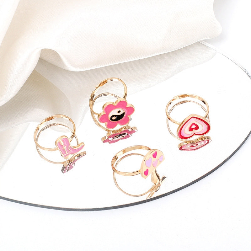 Cute Cartoon Enamel Ring Set with Flower and Mushroom Design