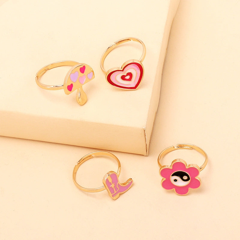 Cute Cartoon Enamel Ring Set with Flower and Mushroom Design