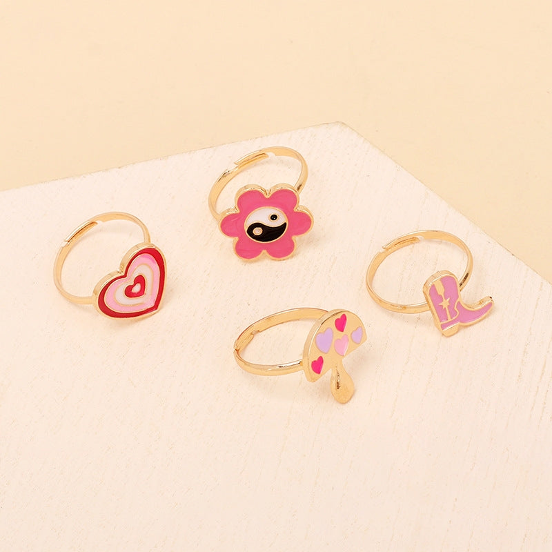 Cute Cartoon Enamel Ring Set with Flower and Mushroom Design