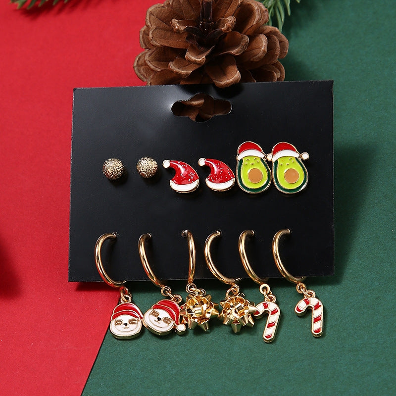 Cute Christmas Hat Snowman Candy Cane Alloy Enamel Earrings Set